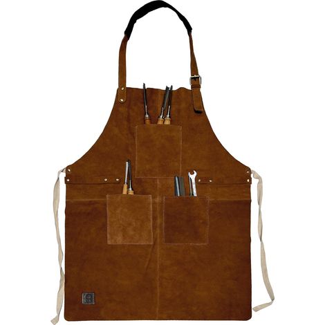 1 - Tablier de travail - Cuir véritable - Poches à outils - Protection pour artisan et barbecue - Unisexe - Marron - 63,5x83,8cm