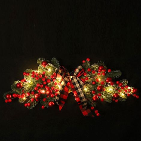 Guirlande De Noël - Couronne Décorative En Plastique Avec Baies Rouges Et Ruban À Carreaux - Pour Porte D'Entrée Cheminée Ou Mur Intérieur Extérieur - 1 Pièce (1/5)