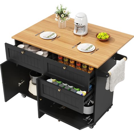 Desserte de Cuisine,Îlot Central Cuisine Extensible,Buffet Cuisine avec 3 tiroirs & Portes,Design moderne,133 x 37.3(70) x 88cm,Noir