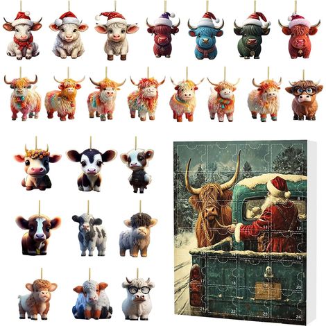 Calendrier de l'Avent Vache Highland 24 Jours Compte à Rebours de Noël Décorations Pour Arbre De Noël Porte Mur Miroir Voiture Fenêtre (1/5)