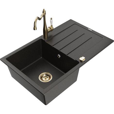 Mexen Bruno fregadero de granito de 1 seno con escurridor y grifo de cocina Carla, negro/dorado metálico - 6513-75-670700-50 (1/5)