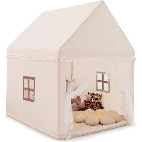GOPLUS Tente de Jeu pour Enfant 105 x 120 x 140 CM, Château de Jardin avec Tapis épais, pour Fête, Décoration boules, Beige (1/5)