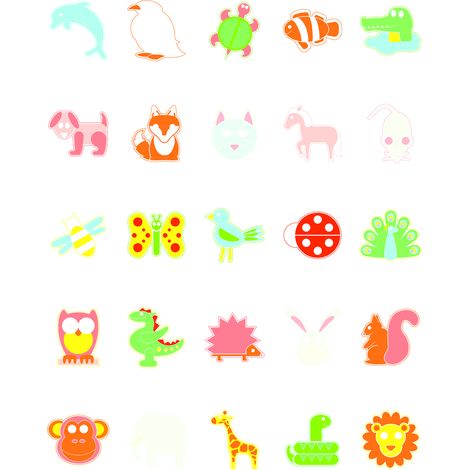 Planche de pictogrammes, 25 motifs, série animale, L : 36 mm H : 36 mm