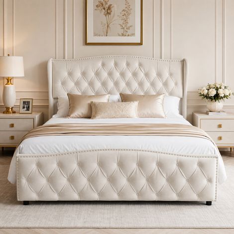 Lit coffre 160x200 cm avec rangement hydraulique, Cadre de lit 160x200 avec sommier et tête de lit design rivet, Style Chic Contemporain, Velours, Beige (1/5)