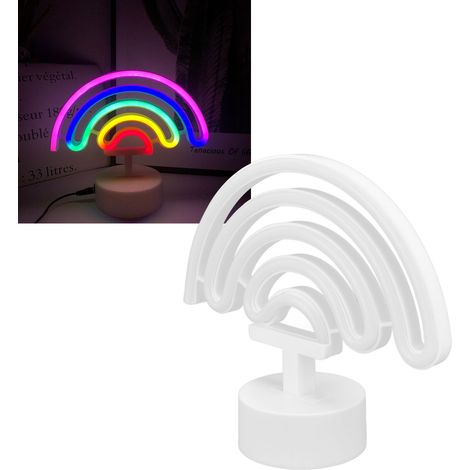 Lampe de table néon LED pour chambre, bar, décoration de fêtes, veilleuse, alimentée par USB ou piles, avec socle, style arc-en-ciel. (1/5)