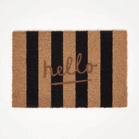 HOMESCAPES Stripe Hello Coir Doormat, 40 x 60 cm