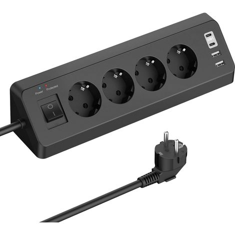 Multiprise Electrique Parasurtenseurs 4 Prises avec 2 Ports USB A+2 Ports USB C, Prise d'angle avec Interrupteur et Câble 2M, Noir (1/5)