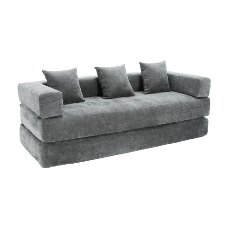 Sofá cama, sofá de 3 plazas con bolsillos laterales y base antideslizante, 3 cojines, de felpa (chenilla), gris (1/5)