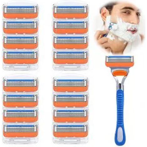 Rasoir manuel premium 5 lames avec manche et 16 têtes de rasage remplaçables – Révitalisant et protecteur pour peaux sensibles, rasage précis des contours du visage. (1/4)