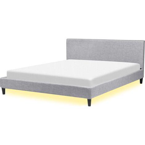 Cama tapizada en tela gris claro con LED 180 x 200 cm marco de listones cabecero estilo contemporáneo Fitou
