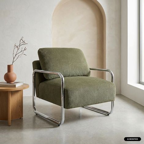 Fauteuil vintage tissu chenille armature chromée kaki - Joe (1/5)