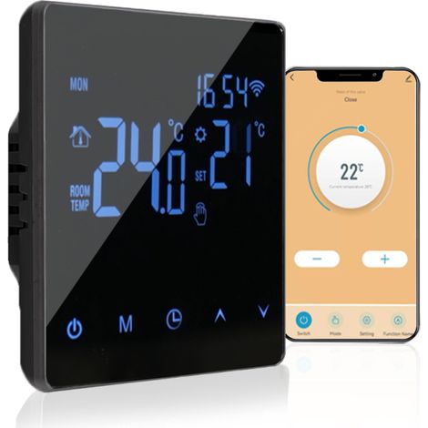 Intelligenter WLAN-Thermostat mit LCD-Touchscreen, wöchentlich programmierbar und über die Tuya-App steuerbar für Fußbodenheizung. Geeignet für Zuhause, Büro, Schule und Hotel.