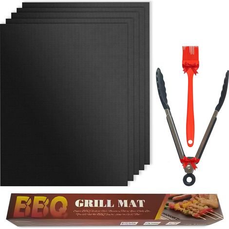 Tapis de barbecue lot de 4 réutilisables noirs avec brosse en silicone rouge pour cuisson en extérieur (1/5)