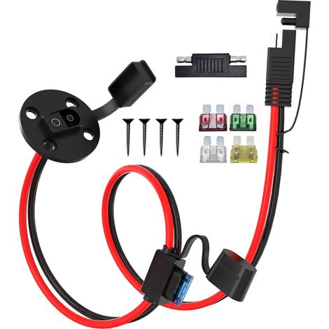 Prise SAE vers câble SAE 10 AWG 0,6 m pour panneaux solaires pliables Rallonge SAE en cuivre étamé 5,26 mm² avec fusibles pour moto et tondeuse à gazon (1/5)