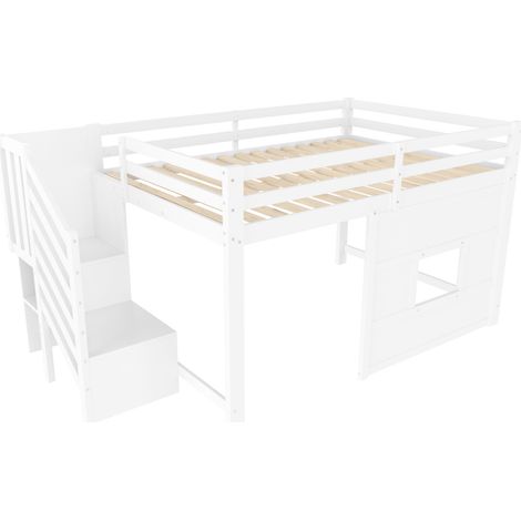 Cama alta 140x200 de pino y MDF con escalera de almacenaje y ventana, blanco - MODENUIT (1/5)