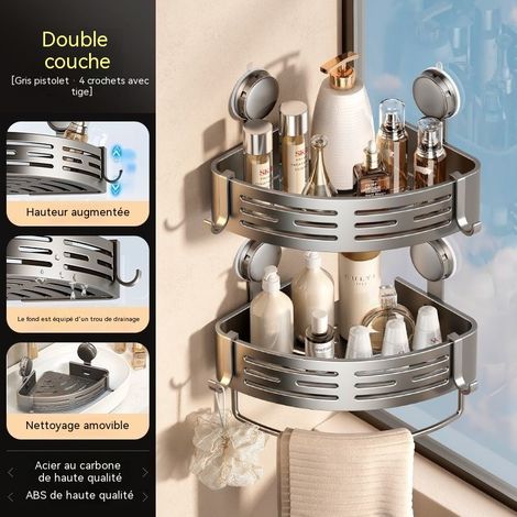 Kit rangement d’angle pour salle de bain en acier carbone gris arme, fixation par ventouse, double couche avec barre et 4 crochets suspendus (1/4)