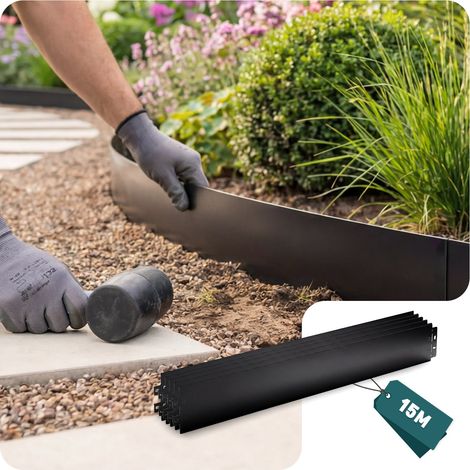 VOUNOT® Lot de 15 Bordure de jardin en métal flexible 100x13cm noir - Clôture gazon antirouille 15m