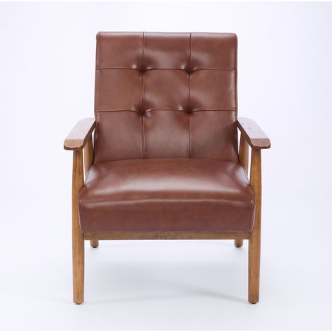 Fauteuil lounge en cuir avec accoudoirs en bois foncé et pieds en bois, fauteuil de salon confortable brun pour salon, chambre ou bureau, CHICFURN (1/5)