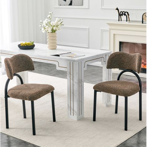 Set di 2 sedie da pranzo imbottite, schienale curvo, struttura in metallo nero, tessuto marrone (1/5)