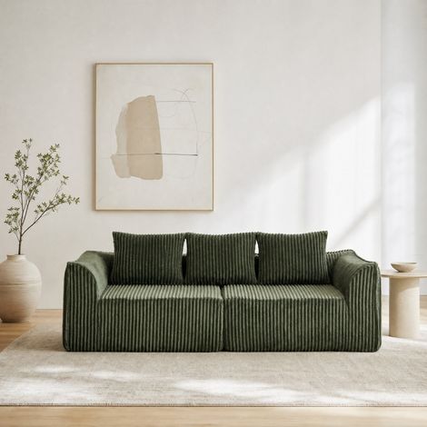 Canapé modulable en velours côtelé vert 235,5 cm, lignes arrondies, avec 2 coussins - REDOM (1/5)