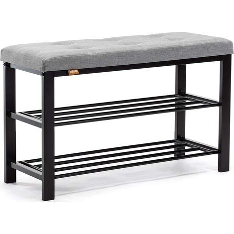 Shoe Bench 3-tier Shoe Rack Storage Shelf Organiser with Padded Cushion Seat, Steel Frame, for Entryway Hallway Living Room Industrial Accent Furniture 81x32xH50cm (Light Grey, Linen) (1/3)