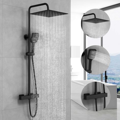 Duschsystem mit thermostat Schwarz Dusche Armatur Duschset mit 300mm Kopfbrause, 3 Strahlarten Handbrause, Regendusche Höhenverstellbar Duschsäule Schwarz mit Anti-Verbrühungs-Duschsystem