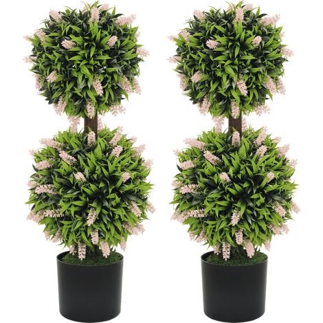 Set of 2 Lavender Flower Decorative Artificial Ball Trees in Pots for Home Indoor Outdoor Decor, 70cm, Pink