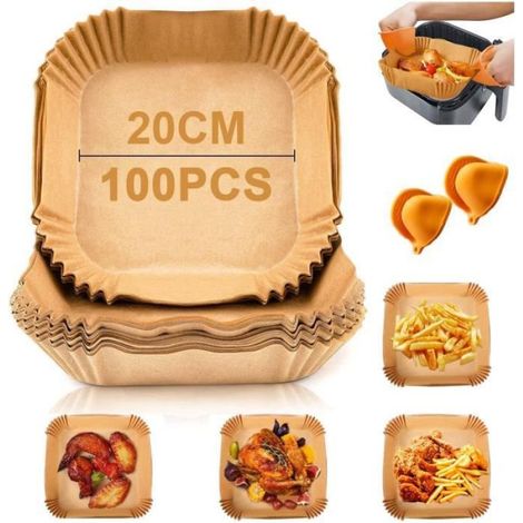 Air Fryer Feuilles de Papier 20cm, 100 Pièces Papier Cuisson Air Fryer Carré Jetable, Air Fryer Papier Cuisson Liner (1/4)