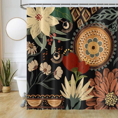 Rideau Douche Anti Moisissure, Rideau de Douche 180x180cm Tropicale Jungle Abstrait Bohême Fleuri Rideaux de Baignoire Tissu (1/5)
