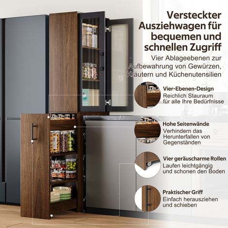 Meuble de rangement étroit 60x30x180 cm, colonne de cuisine avec portes en verre et placard coulissant, étagère fine 4 tablettes sur roulettes, armoire mince pour cuisines, séjours et salles à manger (1/5)