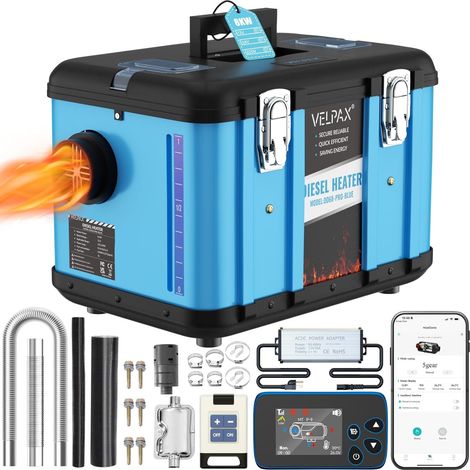 Chauffage Diesel 8 KW 12V/24/220V Tout-en-Un Portable Chauffage à Air Diesel,0,16-0,52 L/h Réchauffeur d'air Diesel 8-36 ℃ Réglable 15-20 m² Contrôle Intelligente Télécommande LCD Bluetooth APP