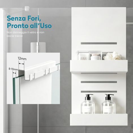 doporro Mensola Doccia da Appendere in Metallo a 2 ripiani, Mensola Regolabile, con Ganci, senza Fori, Portaoggetti da Appendere per Doccia in Vetro con Spessore 8-10mm, Bianco Sabbia, Oryne-01