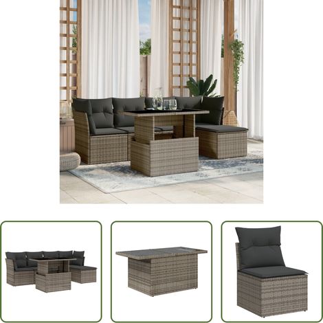 vidaXL Table de jardin - Salon de jardin 6 pcs avec coussins gris résine tressée (1/5)