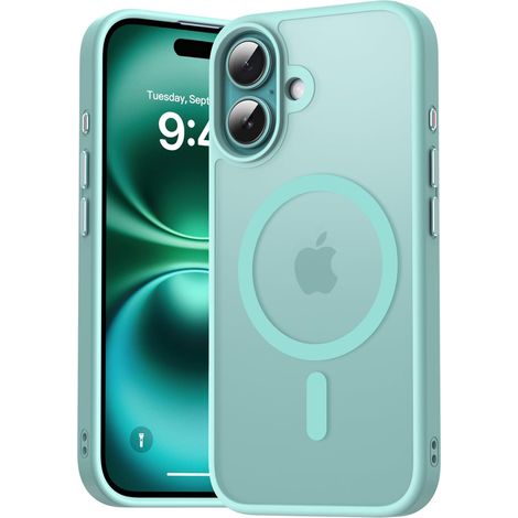 Coque Magnétique pour iPhone 16 6,1 Pouces, Étui Housse Arrière Translucide Givrée, Fine Antichoc Anti-Traces de Doigts Case pour iPhone 16, Vert