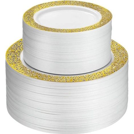 Assiettes jetables en plastique - Dentelle - Or - Paquet de 25 - Compatible lave-vaisselle (1/4)