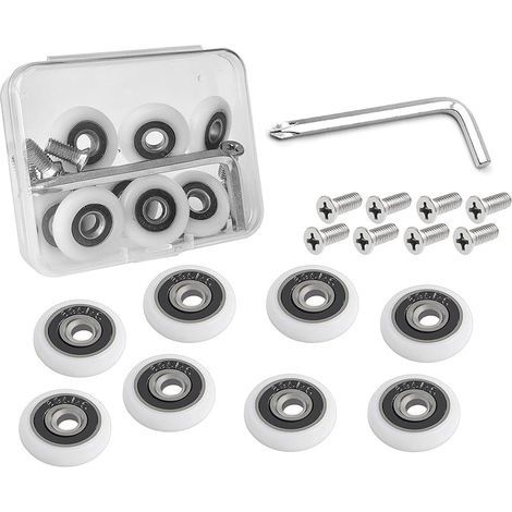 Lot de 8 roulettes de rechange pour porte de douche en acier inoxydable avec vis et kit d'outils dans un coffret en plastique compact (diamètre des roues de 19 mm, classique, option 2) (1/4)