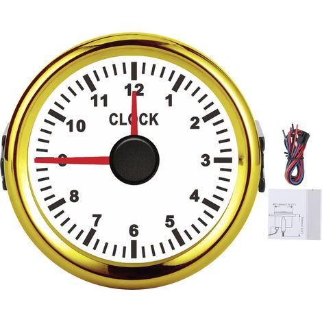 Instrument de jauge d'horloge universelle 2 pouces 0-12 heures, rétro-éclairage rouge 12V/24V pour voiture, bateau, Yacht, moto, cadran blanc, cadre doré (1/5)