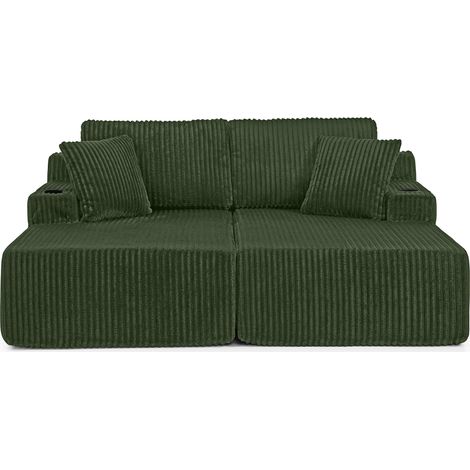 2-Sitzer Relaxsofa aus Cord-Samtoptik in Grün mit Becherhalter und Seitentasche (1/5)