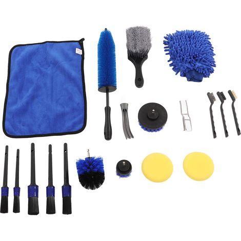 Kit de nettoyage automobile 18 pièces : brosses, perceuses, gants de lavage, chiffons, tampons de cire, outils de nettoyage pour jantes et tuyaux d'échappement (couleur B). (1/5)