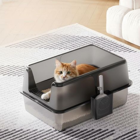 Bac Litière pour Chat Anti-adhésif, Maison de Toilette, Ouverture Latérale Anti-projections, Anti-fuites, Facile à Nettoyer, Noir (1/5)
