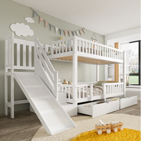 Cama infantil con tobogán escalera y cajones blanca OKMYHOME (1/5)