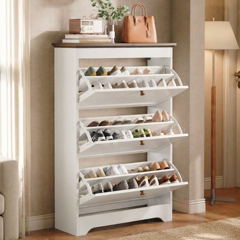 Meuble à chaussures 87x26x120 cm en MDF blanc, avec rangement gain de place pour entrée FloraGrace (1/5)