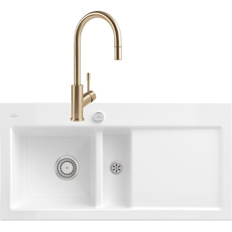 VILLEROY ET BOCH Subway Pure 60 fregadero desagüe derecho desagüe automático + grifo de cocina Umbrella Flex Matte Gold