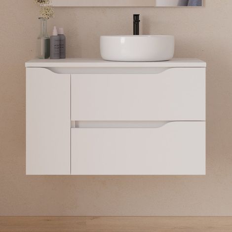 Meuble de salle de bain 80cm avec plateau et vasque à poser déportée à droite Ares - sans miroir - 2 tiroirs et un placard - blanc - ZARZA