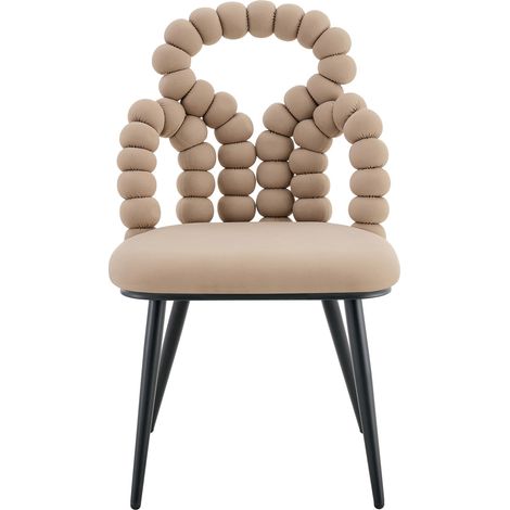 Ensemble de 2 chaises de salle à manger en velours camel avec dossier à chaînes boules et pieds en métal noir (1/5)