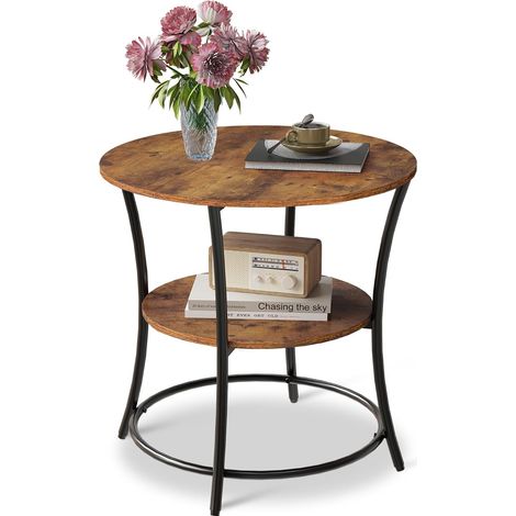 Round Side Table, 2-Tier with Storage, 55 x 55 x 55 cm, Rustic Brown (1/5)