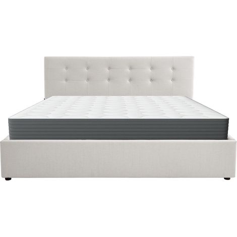 Ensemble Lit coffre adulte 180x200cm avec tête de lit en tissu beige - Tina + Matelas mémoire de forme - Memo HR (1/5)