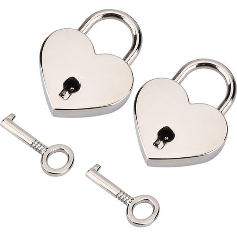 Lot de 2 cadenas en forme de cœur et clé squelette, en métal, pour bagages, agenda, livre ou boîte à bijoux.