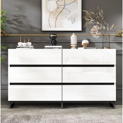Credenza 140 x 39,5 x 78,5 cm a 6 cassetti, frontali lucidi, bianco e nero DESVIAE (1/5)