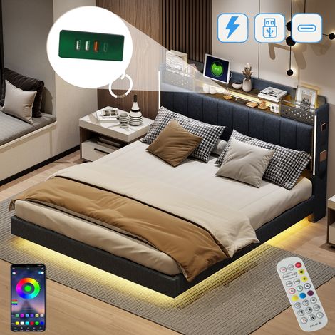 Lit double 160x200 cm, avec éclairage LED, tête de lit de rangement, USB-A/C charge, sommier à lattes en bois, cadre en métal, lit capitonné en lin - Gris (1/5)